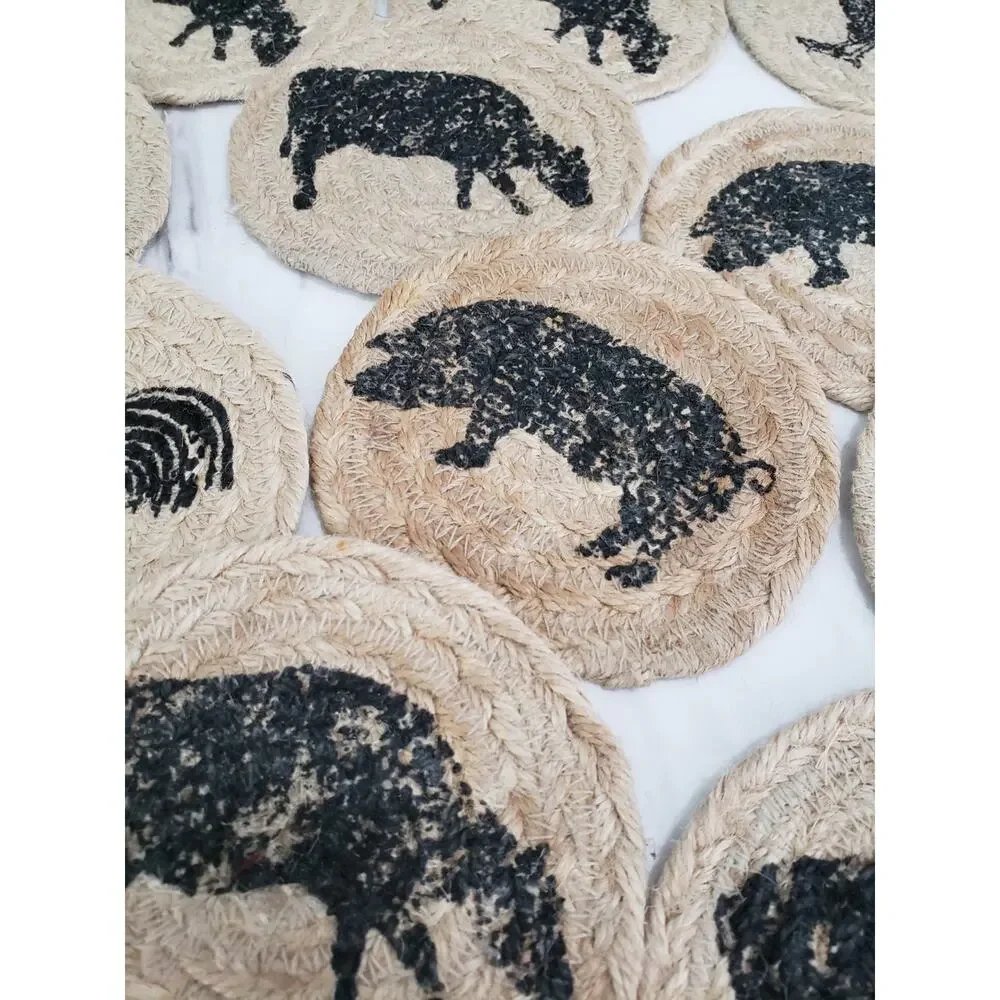 VHC Brand Coasters Cumberland Jute Rustic 4in Set of 15 Cow Chicken Pig Hen Farm